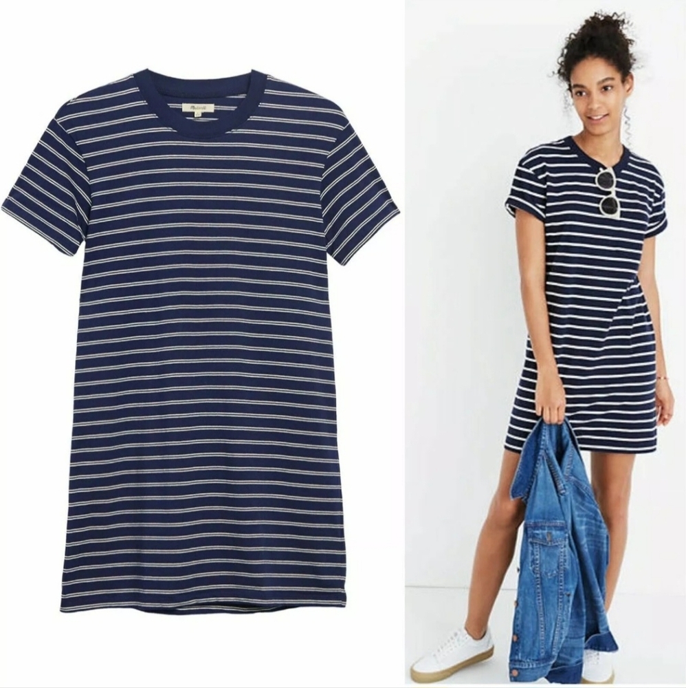 Madewell Women's Tina Stripe T-Shirt Dress Size Large Color Nightfall Sand Dune